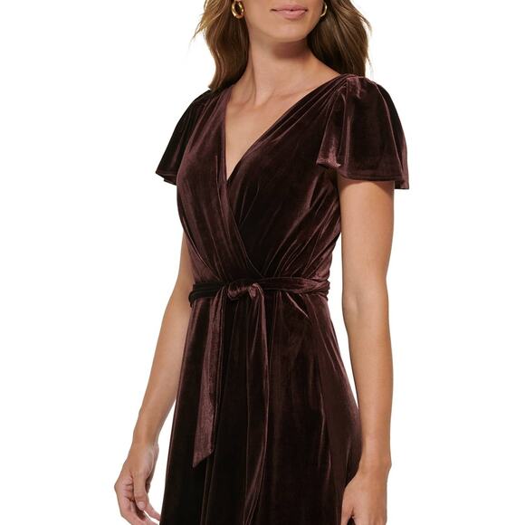DKNY Women’s Brown Velvet Faux-Wrap Flutter-Sleeve Dress Midi Belted Womens 10 - Picture 3 of 12